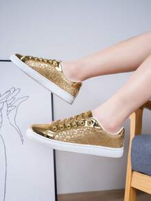 彩色時尚舒服的平底帆布鞋,軟底,輕便,合適的適用於學生和日常步行 - 金色 - 查看 2