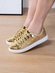 彩色時尚舒服的平底帆布鞋,軟底,輕便,合適的適用於學生和日常步行 - 金色 - 查看 3
