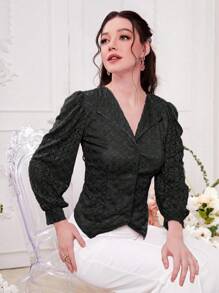 Modelyn 優雅不對稱 前紐扣純色女士襯衫 - 黑色 - 查看 1