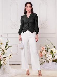 Modelyn 優雅不對稱 前紐扣純色女士襯衫 - 黑色 - 查看 3