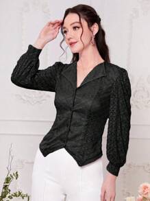 Modelyn 優雅不對稱 前紐扣純色女士襯衫 - 黑色 - 查看 4