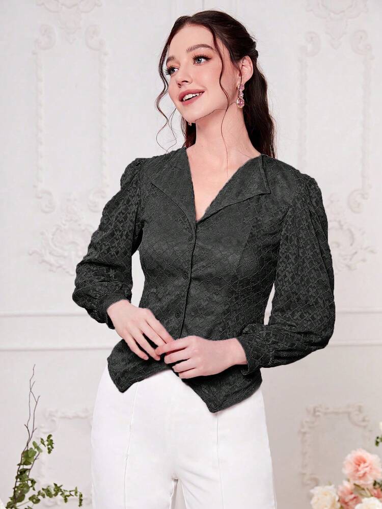 Jacquard Lantern Sleeve Button Front Blouse Fall Cloth For Women