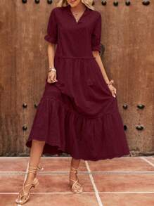 SHEIN LUNE 網眼刺繡荷葉袖荷葉邊娃娃裙 - 酒紅色 - 查看 1