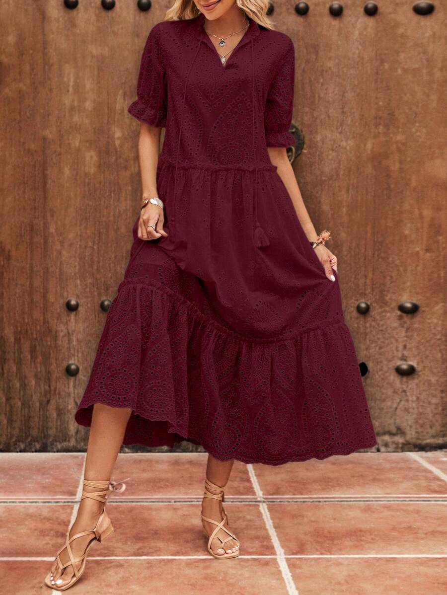 SHEIN LUNE 網眼刺繡荷葉袖荷葉邊娃娃裙 - 酒紅色 - 查看 1