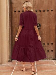 SHEIN LUNE 網眼刺繡荷葉袖荷葉邊娃娃裙 - 酒紅色 - 查看 2