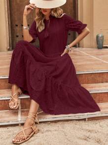 SHEIN LUNE 網眼刺繡荷葉袖荷葉邊娃娃裙 - 酒紅色 - 查看 3