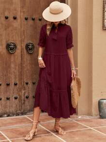 SHEIN LUNE 網眼刺繡荷葉袖荷葉邊娃娃裙 - 酒紅色 - 查看 4