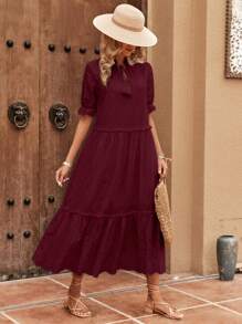 SHEIN LUNE 網眼刺繡荷葉袖荷葉邊娃娃裙 - 酒紅色 - 查看 5