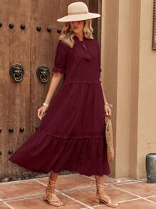 SHEIN LUNE 網眼刺繡荷葉袖荷葉邊娃娃裙 - 酒紅色 - 查看 6