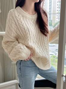 DAZY Cable Knit Drop Shoulder Sweater,Long Sleeve Tops