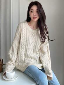 DAZY Cable Knit Drop Shoulder Sweater,Long Sleeve Tops