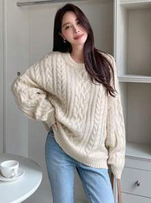 DAZY Cable Knit Drop Shoulder Sweater,Long Sleeve Tops