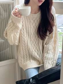 DAZY Cable Knit Drop Shoulder Sweater,Long Sleeve Tops