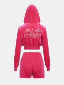 SHEIN 青少年女孩水鑽字母圖案連帽絲絨夾克&短褲 - 玫紅色 - 查看 1