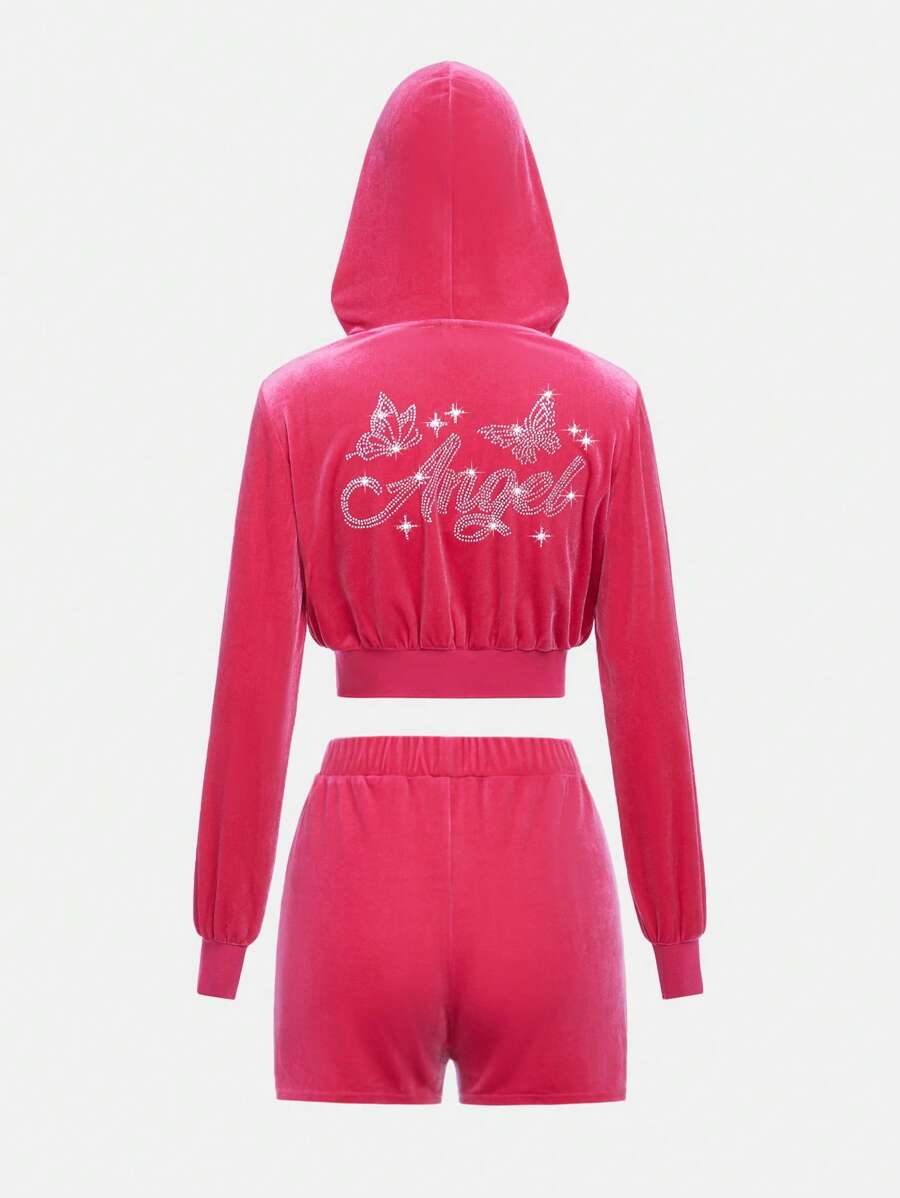 SHEIN 青少年女孩水鑽字母圖案連帽絲絨夾克&短褲 - 玫紅色 - 查看 1