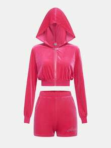 SHEIN 青少年女孩水鑽字母圖案連帽絲絨夾克&短褲 - 玫紅色 - 查看 2