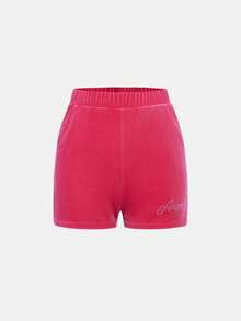 SHEIN 青少年女孩水鑽字母圖案連帽絲絨夾克&短褲 - 玫紅色 - 查看 3