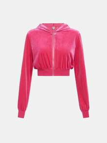 SHEIN 青少年女孩水鑽字母圖案連帽絲絨夾克&短褲 - 玫紅色 - 查看 4