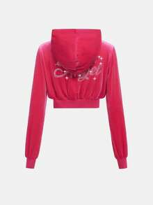 SHEIN 青少年女孩水鑽字母圖案連帽絲絨夾克&短褲 - 玫紅色 - 查看 6