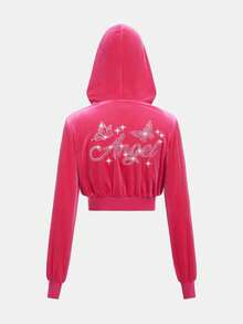 SHEIN 青少年女孩水鑽字母圖案連帽絲絨夾克&短褲 - 玫紅色 - 查看 7