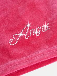 SHEIN 青少年女孩水鑽字母圖案連帽絲絨夾克&短褲 - 玫紅色 - 查看 8