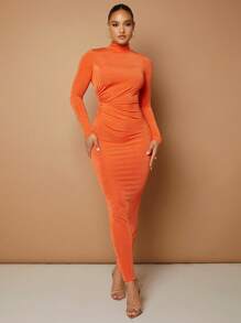 SHEIN BAE 高領褶邊緊身連衣裙