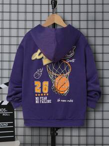 SHEIN Sudadera casual con capucha y estampado de baloncesto para niño preadolescente, de unicolor y manga larga de punto