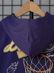 SHEIN Sudadera casual con capucha y estampado de baloncesto para niño preadolescente, de unicolor y manga larga de punto