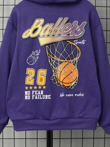 SHEIN Sudadera casual con capucha y estampado de baloncesto para niño preadolescente, de unicolor y manga larga de punto