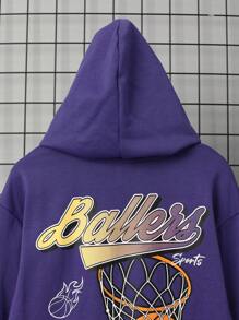 SHEIN Sudadera casual con capucha y estampado de baloncesto para niño preadolescente, de unicolor y manga larga de punto