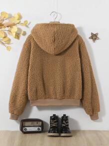 Teen Girl Slant Pockets Hooded Teddy Jacket - Khaki - View 2