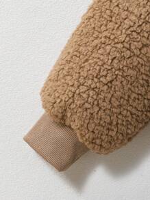 Teen Girl Slant Pockets Hooded Teddy Jacket - Khaki - View 3