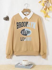 SHEIN Teen Girl Letter Graphic Contrast Collar Drop Shoulder 2 In 1 Pullover - Khaki - View 1