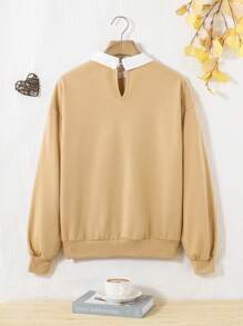 SHEIN Teen Girl Letter Graphic Contrast Collar Drop Shoulder 2 In 1 Pullover - Khaki - View 2