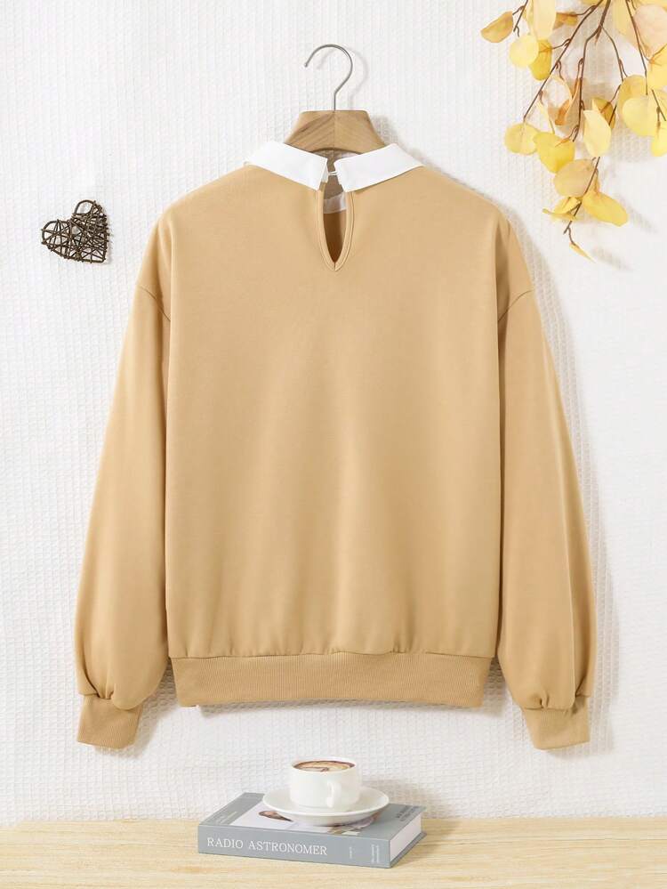 Teen Girl Letter Graphic Contrast Collar Drop Shoulder 2 In 1 Pullover