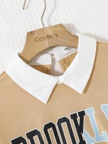 SHEIN Teen Girl Letter Graphic Contrast Collar Drop Shoulder 2 In 1 Pullover - Khaki - View 3