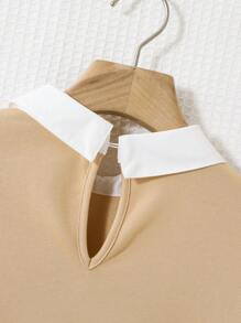 SHEIN Teen Girl Letter Graphic Contrast Collar Drop Shoulder 2 In 1 Pullover - Khaki - View 5