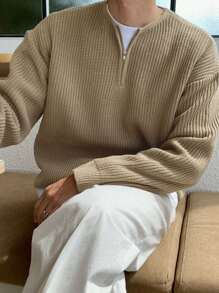 DAZY Men Half Zip Drop Shoulder Sweater - Camel - View 1