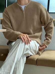 DAZY Men Half Zip Drop Shoulder Sweater - Camel - View 2