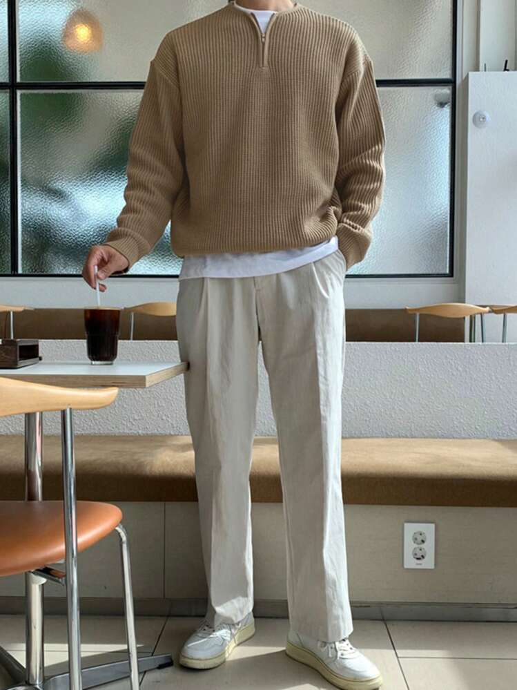 DAZY Men Half Zip Drop Shoulder Sweater - Camel - View 4