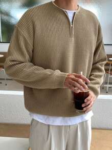 DAZY Men Half Zip Drop Shoulder Sweater - Camel - View 5
