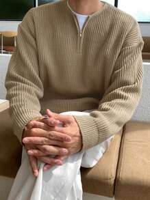 DAZY Men Half Zip Drop Shoulder Sweater - Camel - View 6