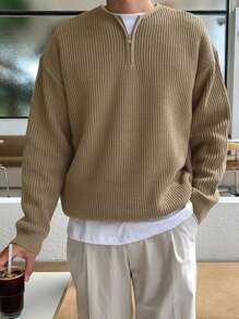 DAZY Men Half Zip Drop Shoulder Sweater - Camel - View 7