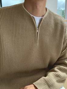 DAZY Men Half Zip Drop Shoulder Sweater - Camel - View 8