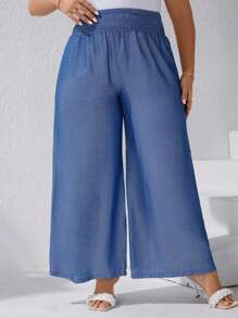 SHEIN LUNE Plus Solid Wide Leg Trousers - Blue - View 6