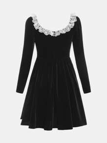 SHEIN Chica adolescente Vestido con encaje en contraste con cordón delantero de terciopelo