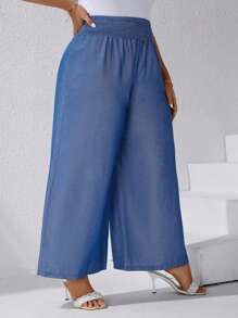 SHEIN LUNE Plus Solid Wide Leg Trousers - Blue - View 4