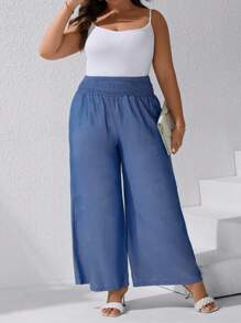 SHEIN LUNE Plus Solid Wide Leg Trousers - Blue - View 7