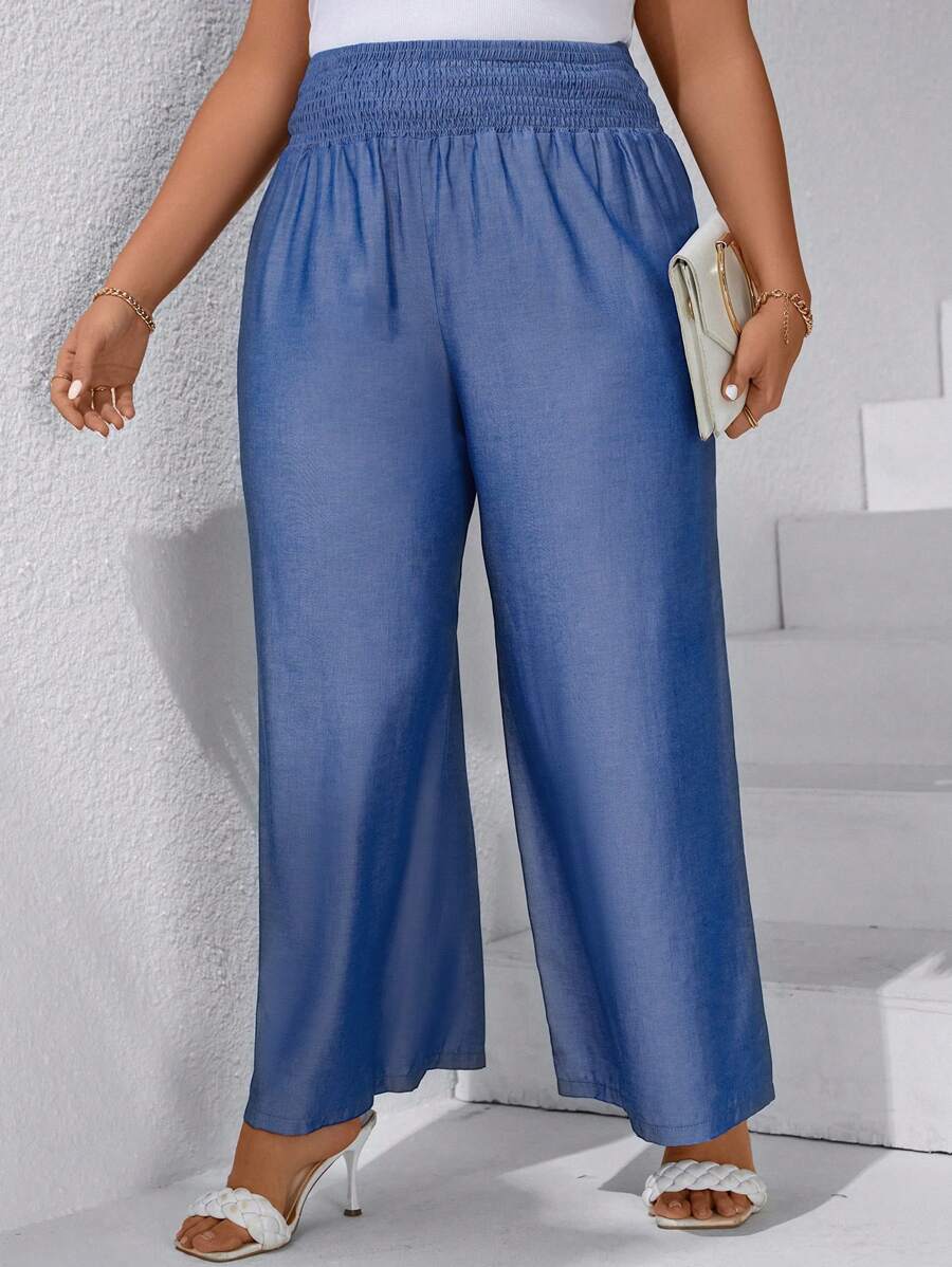 SHEIN LUNE Plus Solid Wide Leg Trousers - Blue - View 1