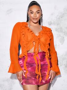 SHEIN BAE Plus Ruffle Trim Flare Sleeve Knot Front Crop Blouse - Orange - View 1